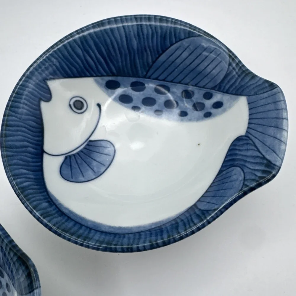 Vintage Rice Soup Dip Bowls Fish Blue & White Blowfish Set of 2 Nautical Japan